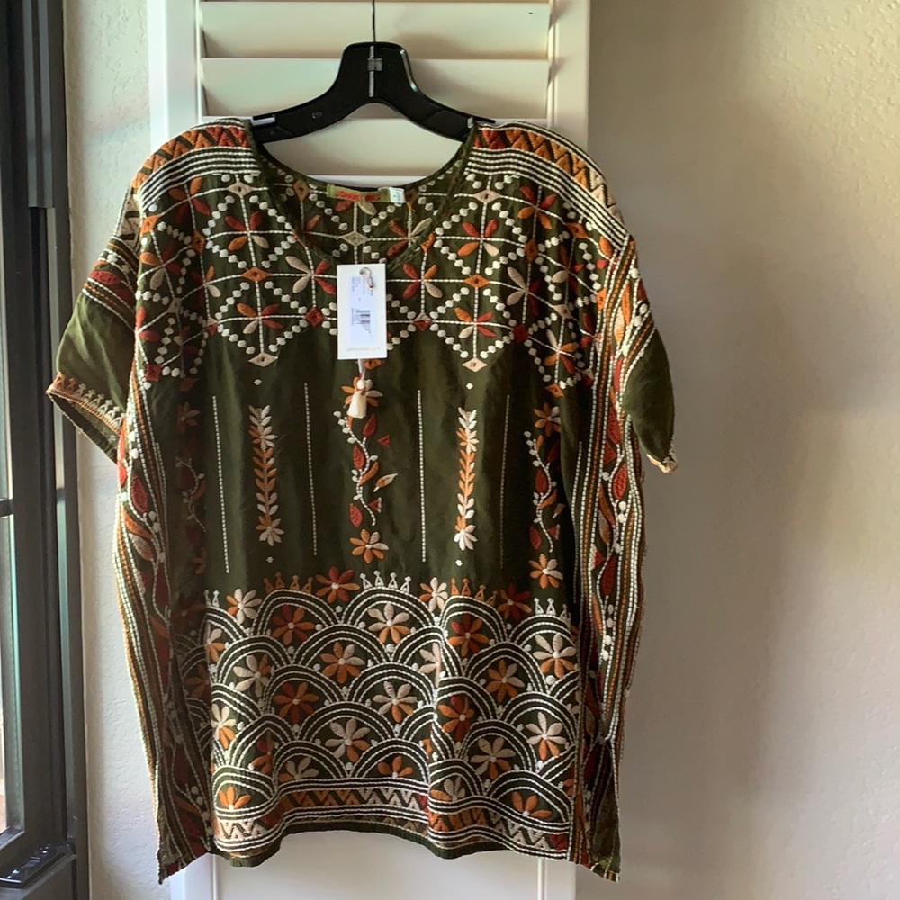 NWT Johnny Was Aubrey Blouse - green, orange, cream, beautiful flower embroidery